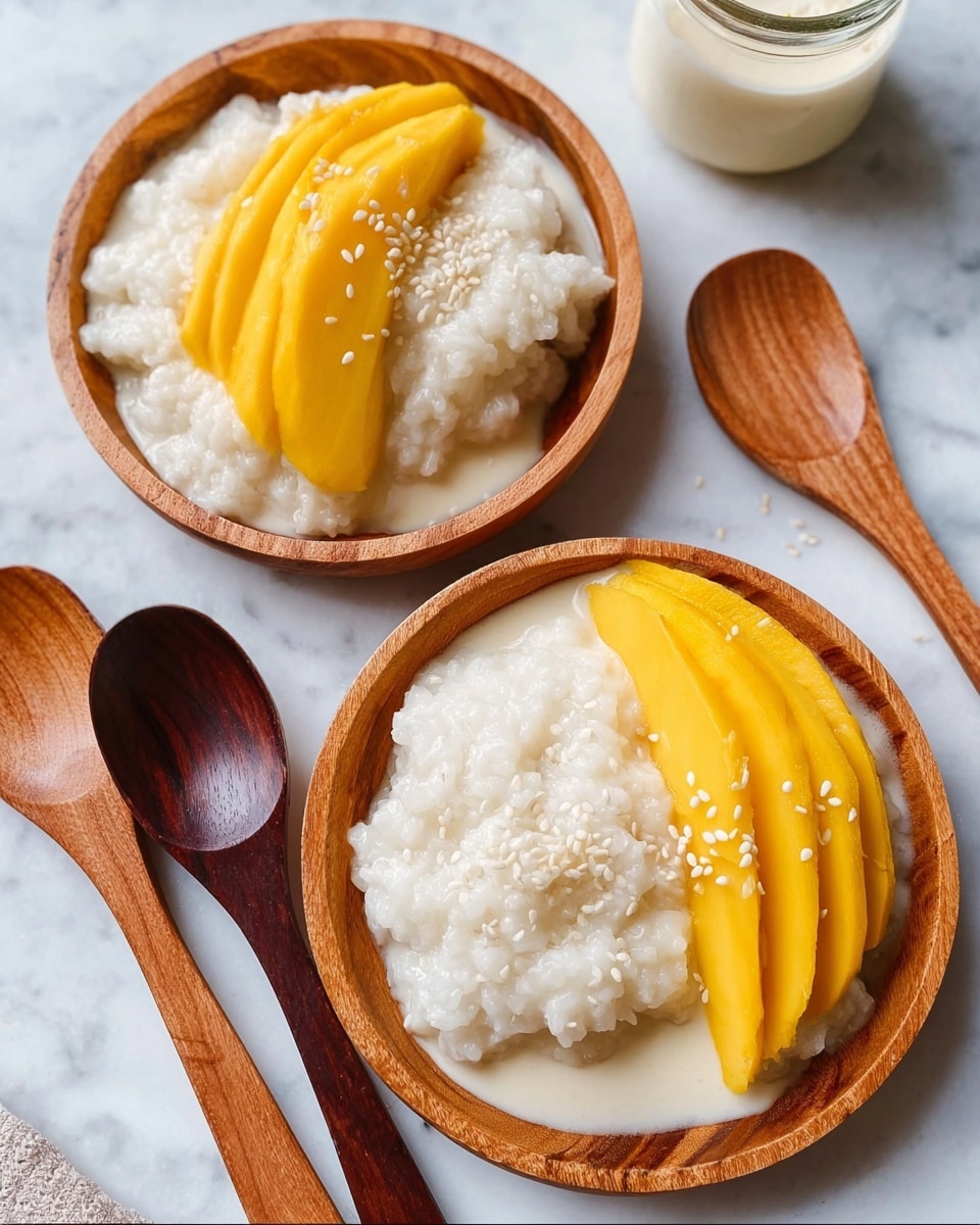 Two wooden bowls hold a dessert with two clear layers: the first layer is white sticky rice with a soft, creamy texture placed on the right side of each bowl, topped lightly with small white sesame seeds, and the second layer is bright yellow mango slices arranged neatly on the left side next to the rice. A light cream sauce is poured underneath the rice, pooling slightly at the base, blending softly with the rice's texture. Two dark wooden spoons lay on a white marbled surface near the bowls, alongside a wooden spoon and a small jar of cream in the background. The whole scene is bright and inviting, emphasizing the contrast between the creamy rice and vibrant mango slices. photo taken with an iphone --ar 4:5 --v 7