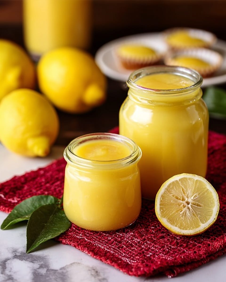 The image shows two glass jars filled with smooth, bright yellow lemon curd placed on a textured red cloth over a white marbled surface. The larger jar is behind and to the right of the smaller jar, both having shiny, slightly translucent lids. To the left, there are three whole, fresh lemons with a shiny skin, and to the right, half of a lemon with visible juicy segments rests on the cloth. Some green lemon leaves add a fresh touch near the lemons. The background is softly blurred, showing a white plate with small lemon tarts and a yellow object out of focus. photo taken with an iphone --ar 4:5 --v 7