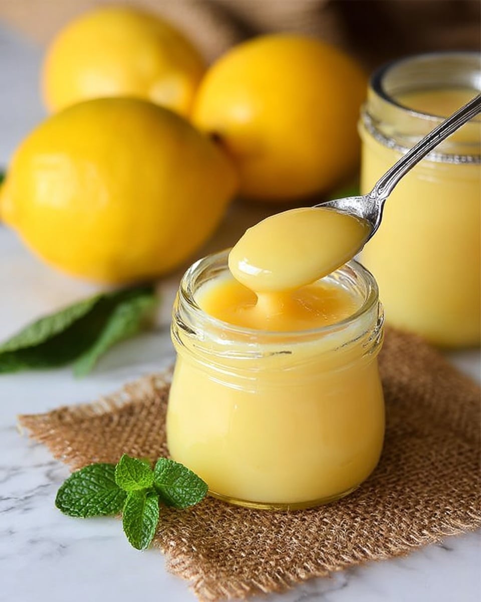 The image shows a small, clear glass jar filled with smooth, thick lemon curd that is pale yellow in color. A silver spoon is lifting a dollop of the lemon curd from the jar, showing its creamy texture. Behind the jar, there is another jar of lemon curd and two whole bright yellow lemons, adding freshness to the scene. A green mint leaf lies beside the lemons. All items are placed on a piece of brown burlap fabric that rests on a white marbled textured surface. Photo taken with an iphone --ar 4:5 --v 7
