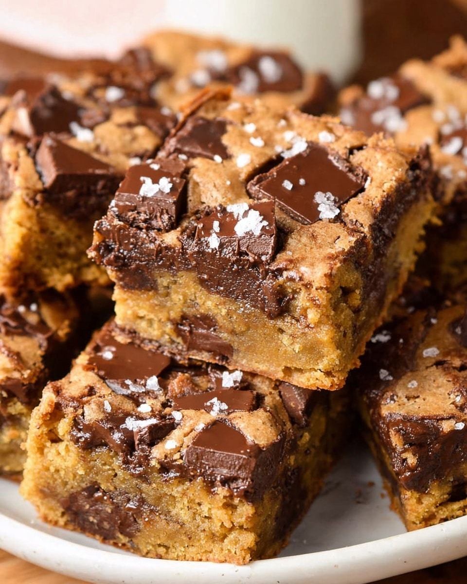 The image shows a close-up of several thick, square blondies with a golden brown top and rich, gooey melted chocolate chunks scattered throughout and on top, some sprinkled with a few coarse white salt flakes. The blondies have a slightly cracked texture on the surface, revealing a moist and dense interior, with visible layers of soft blond dough and generous pockets of dark chocolate. They are arranged on white parchment paper on a wooden board, with more blondies blurred in the background, all set against a white marbled texture. photo taken with an iphone --ar 4:5 --v 7