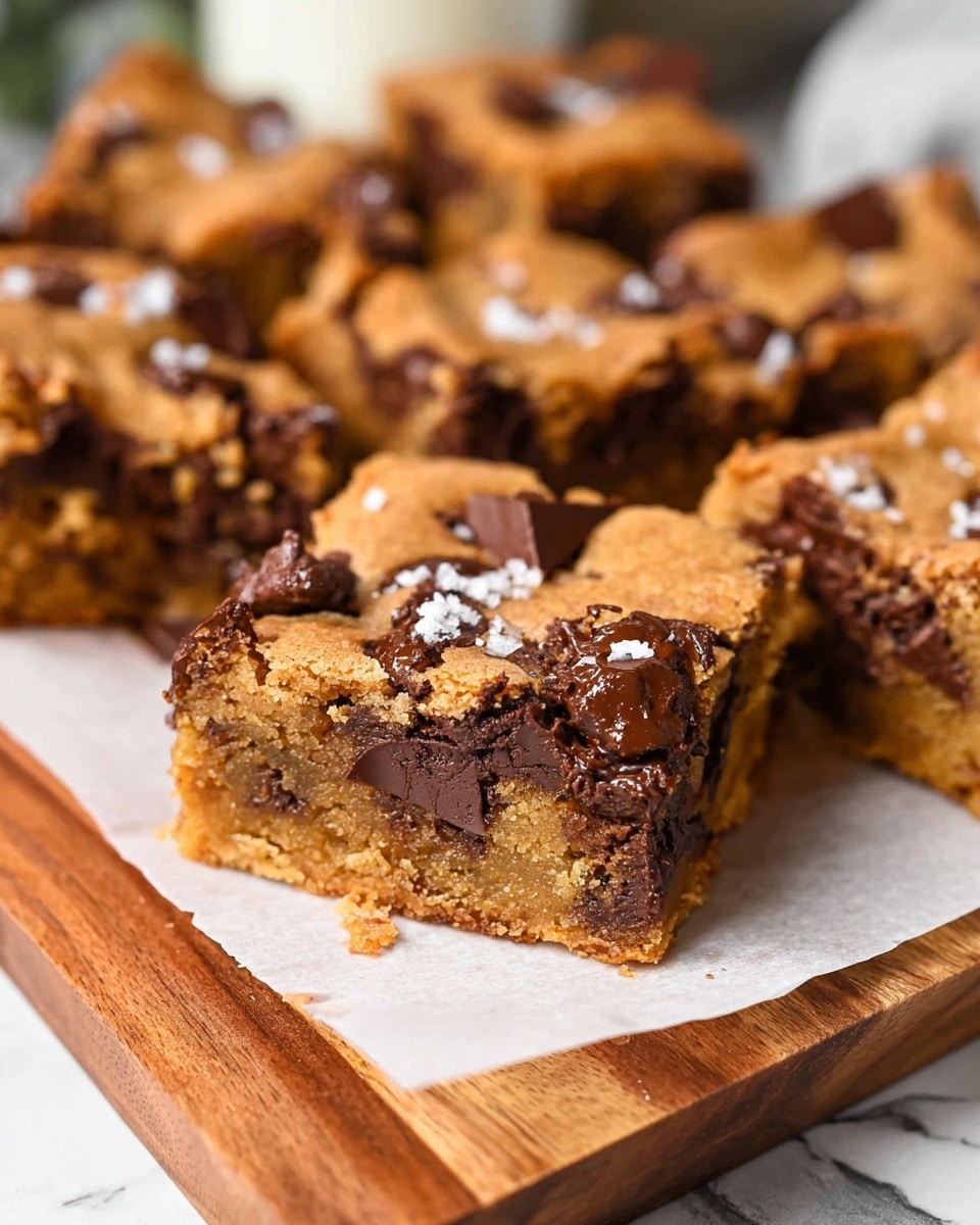 The image shows thick, square-shaped blondie bars stacked closely on a white plate with a white marbled surface underneath. Each blondie has a dense texture with a golden-yellow base layer filled with melted, dark chocolate chunks inside and on top. The top layer is slightly cracked and golden brown, speckled with large, glossy melted chocolate pieces and small flakes of sea salt scattered over it. The bars appear soft and gooey inside with a firmer crust outside, highlighting the rich mix of chocolate and blondie dough. photo taken with an iphone --ar 4:5 --v 7
