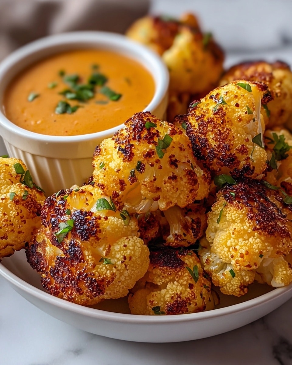 A close-up view of a pile of golden-brown roasted cauliflower florets, showing a crispy, slightly charred texture with tiny bubbles on the surface. The florets are scattered with fresh green herb leaves, placed on white parchment paper lining a wooden tray. In the background, there are two small white bowls filled with thick, brown dipping sauces, slightly blurred to keep focus on the cauliflower. The setting includes some green leafy vegetables softly out of focus, all against a white marbled textured surface. photo taken with an iphone --ar 4:5 --v 7