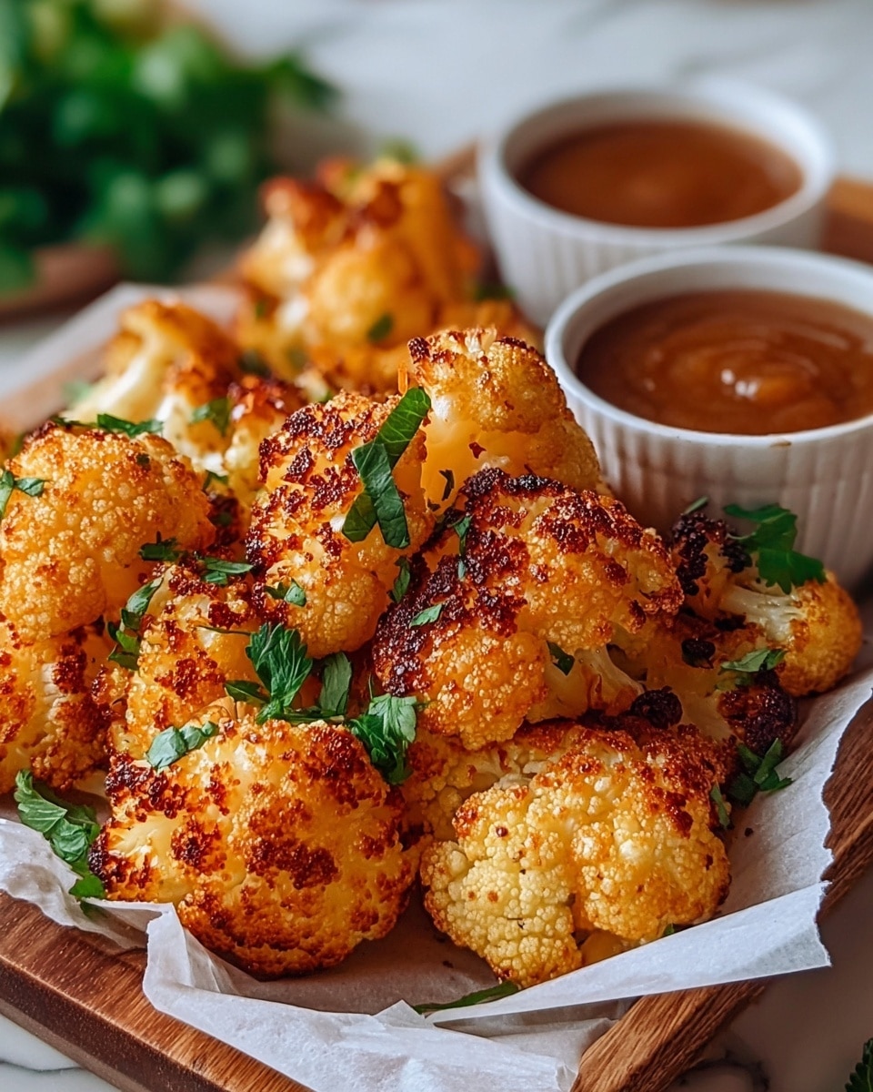The image shows a bowl filled with golden-brown roasted cauliflower pieces. Each cauliflower piece is crispy with dark charred spots and a bumpy, textured surface, sprinkled with small green herb bits. Next to the cauliflower inside the white bowl is a small white ramekin containing a smooth, creamy orange dipping sauce, also garnished with a few green herbs. The bowl sits on a white marbled surface, creating a clean and bright background. photo taken with an iphone --ar 4:5 --v 7