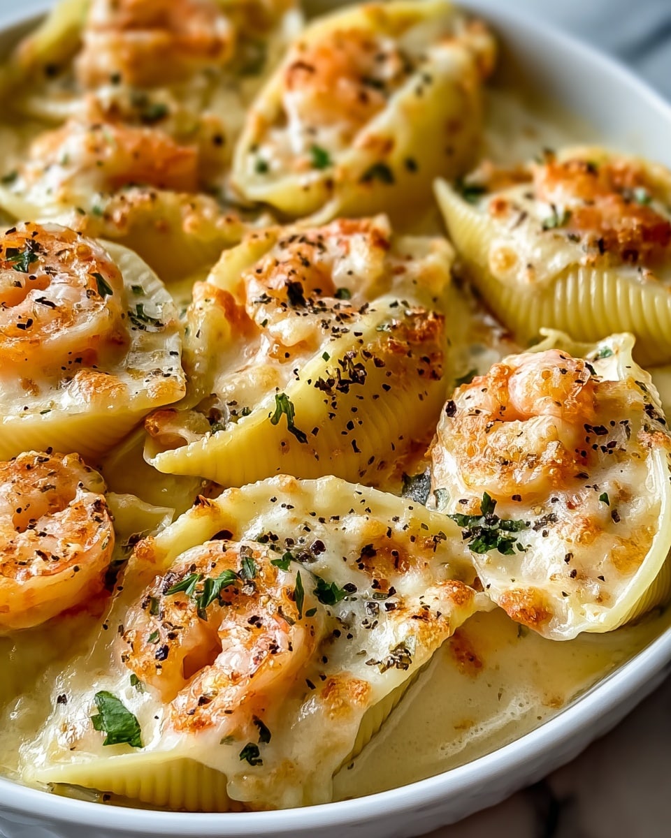 Large pasta shells filled with creamy white cheese sauce form the base layer, each shell holding a plump, orange shrimp nestled on top. The sauce has a smooth texture with a slightly browned, bubbly surface hinting at melted cheese underneath. Small green herb flakes and black ground pepper dots are scattered evenly over the shrimp and sauce, adding color contrast. The shells are arranged tightly together in a white shallow dish, sitting on a white marbled surface. The close-up shot highlights the rich, creamy texture and the juicy shrimp details. Photo taken with an iphone --ar 4:5 --v 7