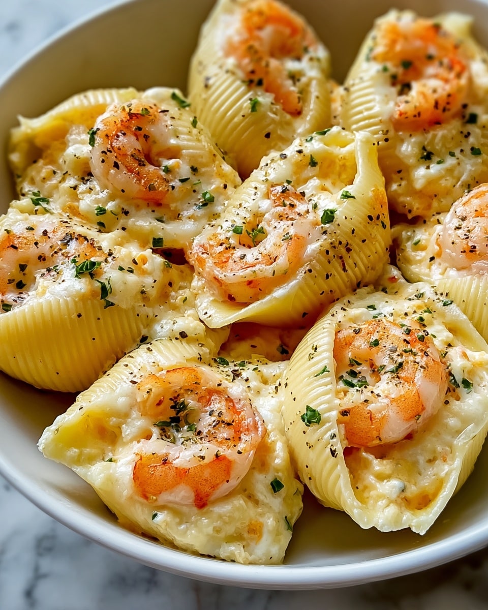 The image shows a white bowl filled with large pasta shells, each stuffed with a creamy, light yellow cheese sauce mixed with small pieces of shrimp. The shrimp are orange-pink in color and placed on top of each shell, some slightly browned from cooking. The shells have a ridged texture and hold the creamy filling well. Small sprinkles of green herbs and black pepper are scattered over the top, adding contrast to the creamy and orange colors. The bowl is set on a white marbled surface. photo taken with an iphone --ar 4:5 --v 7