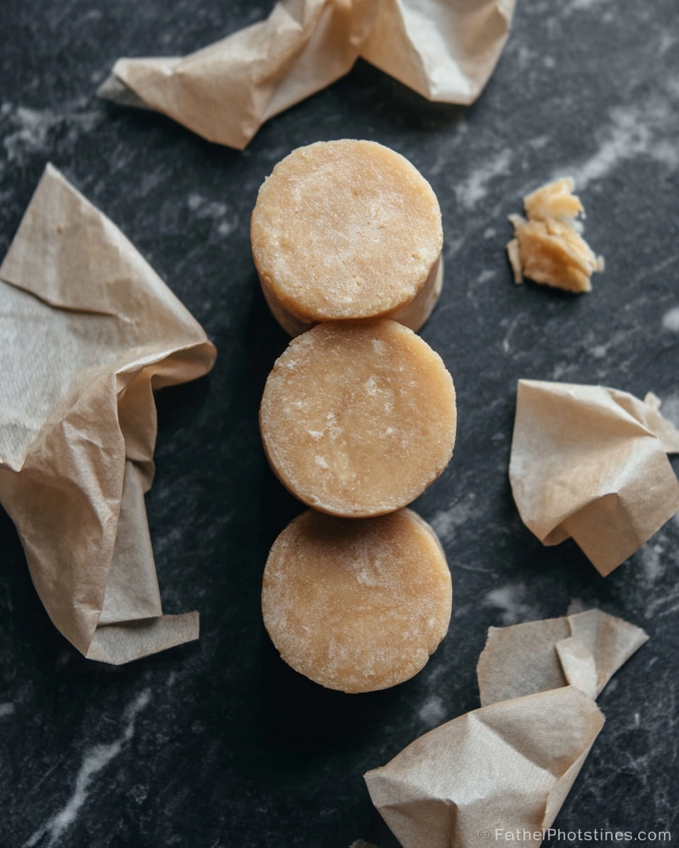 Three light brown round sweets with a crumbly texture are stacked vertically on a dark slate slab. Around them are several crumpled pieces of beige wrapping paper scattered on the white marbled texture. The sweets have a smooth but imperfect surface, showing their soft and dense nature. photo taken with an iphone --ar 4:5 --v 7