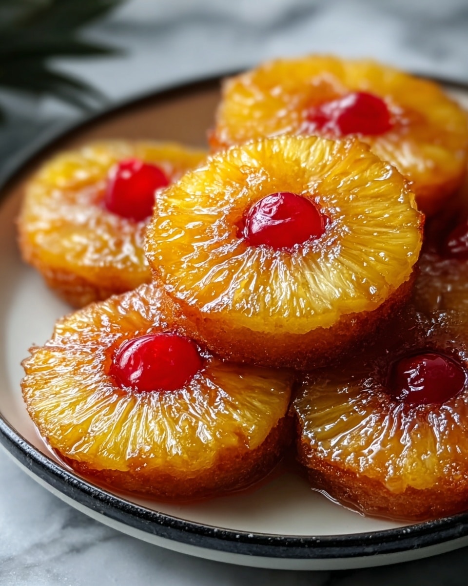 The image shows a close-up of several pineapple upside-down cupcakes stacked on a white plate with a dark rim. Each cupcake has one bright yellow pineapple slice on top that is glistening with syrup, creating a shiny texture. In the center of each pineapple ring is a red, glossy maraschino cherry. The cupcakes themselves have a golden brown color, visible around the edges below the pineapple slices. The white plate sits on a surface with a white marbled texture, and the background is softly blurred, placing focus on the cupcakes. photo taken with an iphone --ar 4:5 --v 7