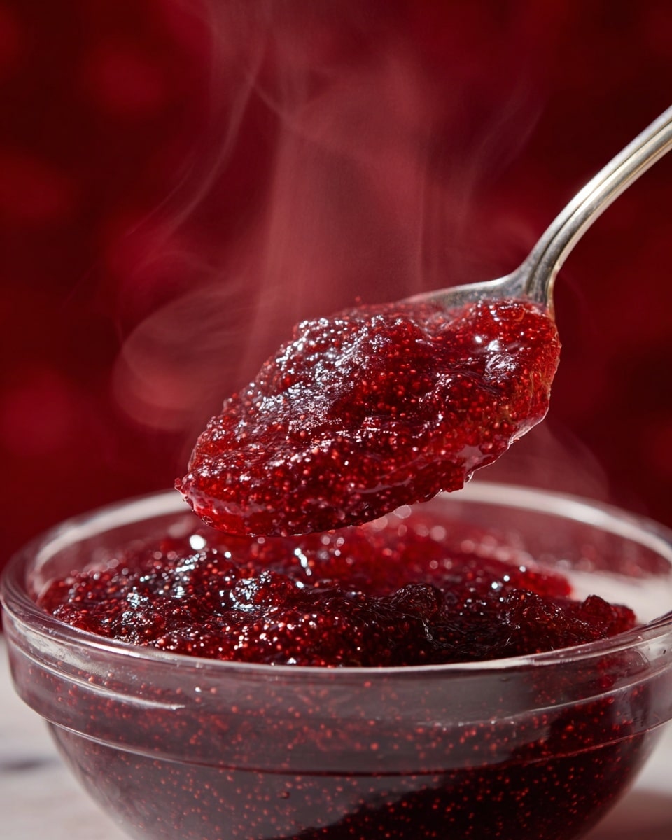 A close-up view of a thick, deep red jam with visible tiny seeds, held on a silver spoon above a glass bowl filled with the same jam. The jam looks glossy and sticky, with a smooth yet textured surface from the seeds. Steam rises gently from the warm jam, showing it is freshly made. The background has a soft, rich red color that complements the jam, while the bowl sits on a white marbled surface. photo taken with an iphone --ar 4:5 --v 7