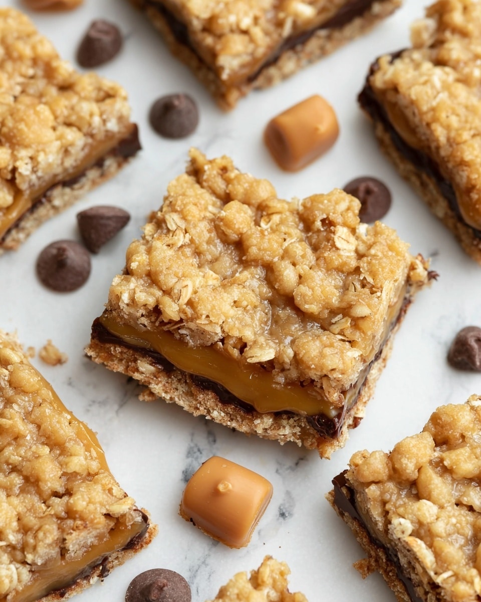 The image shows several square oat bars with three visible layers. The top layer is a golden, crumbly oat streusel with oat flakes and small chunks, giving a rough texture. The middle layer is a gooey caramel layer that is light brown and slightly shiny, oozing softly between the oats. The bottom layer is a thin chocolate layer, dark brown and smooth, visible at the edges of the bars. Around the bars are small chocolate chips and caramel candies, all placed on a white marbled surface. Photo taken with an iphone --ar 4:5 --v 7