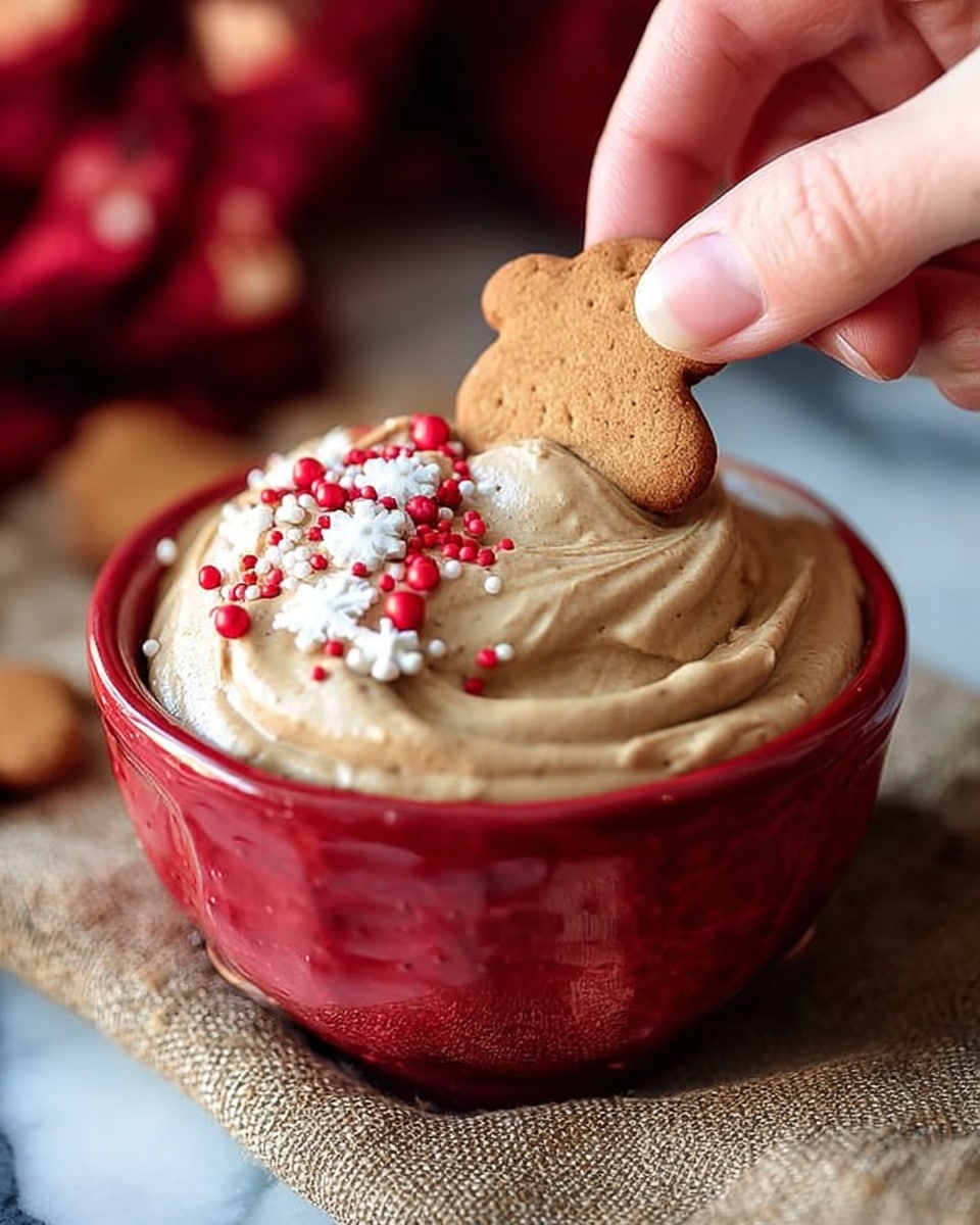 A red bowl filled with thick, creamy, light brown mousse or dip with a smooth, swirled texture on top, decorated with tiny festive sprinkles shaped like gingerbread men, snowflakes, and small red balls scattered evenly over the surface. A woman's hand is gently dipping a small, round cookie into the mousse, creating a soft indentation. The bowl sits on a textured beige cloth, all placed against a blurred background with warm colors, on a white marbled surface. photo taken with an iphone --ar 4:5 --v 7