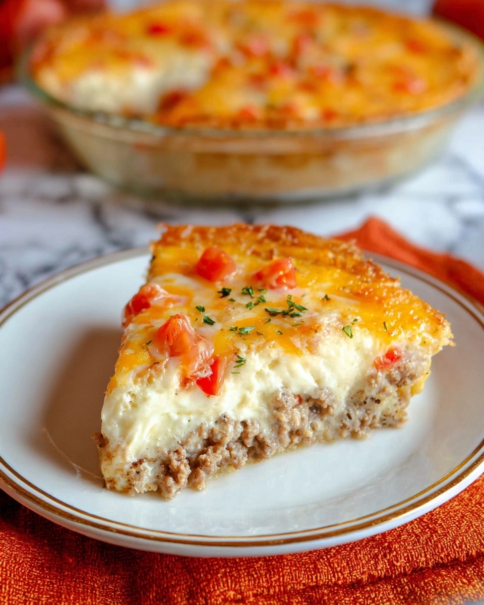 A slice of baked savory pie is placed on a white plate with a thin gold rim, resting on an orange textured cloth over a white marbled surface. The slice shows three clear layers: a bottom layer of crumbly cooked ground meat in light brown, a thick middle layer of creamy white cheese mixed with small meat bits, and a top layer of melted cheese that is golden with scattered small red tomato pieces and a few green herb sprinkles. In the blurred background, the full pie in a clear glass pie dish is visible, showing the same golden melted cheese top. Photo taken with an iphone --ar 4:5 --v 7