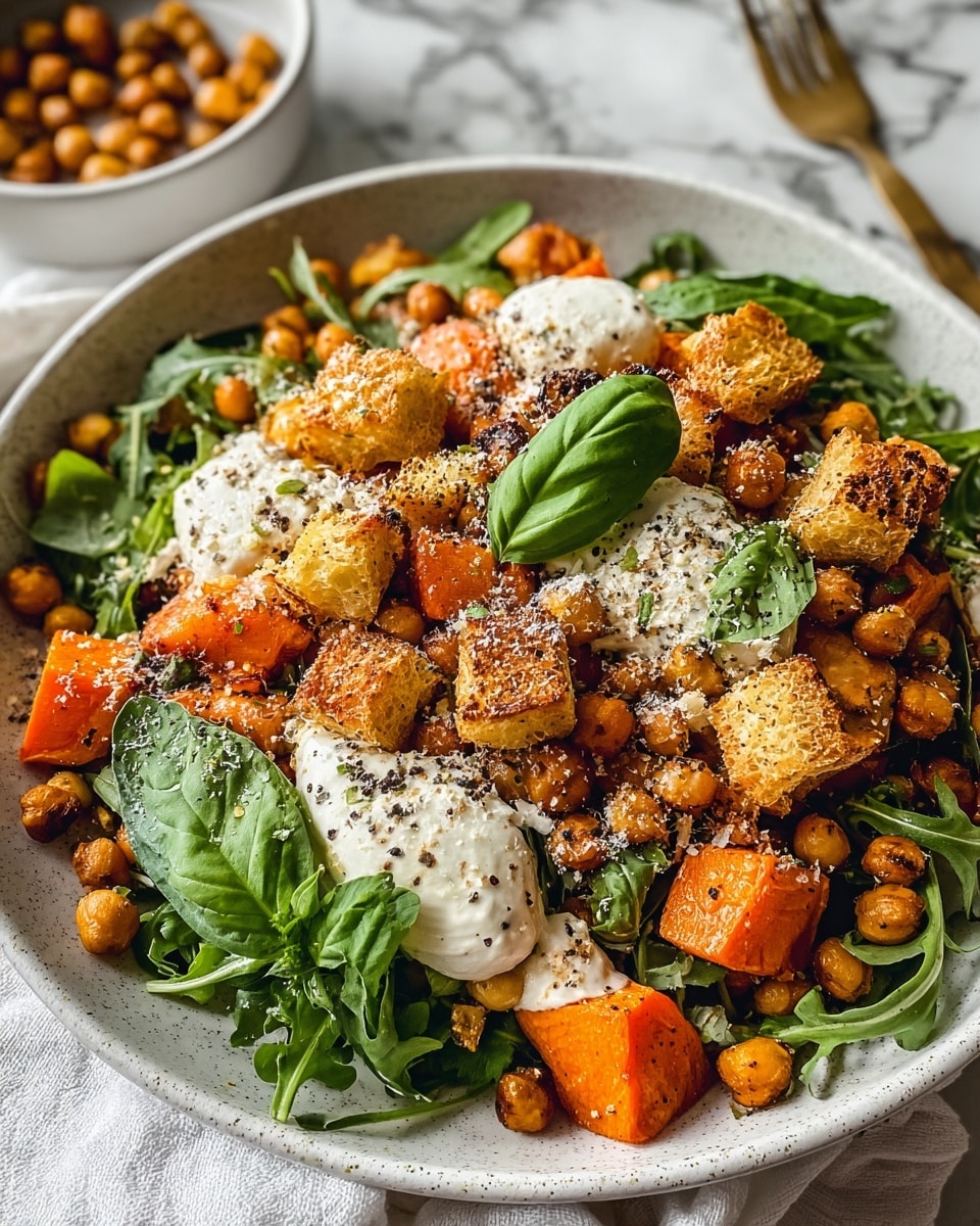 The dish is served on a white speckled shallow bowl placed on a white marbled surface with a white cloth nearby. It has several layers starting with a base of fresh green leafy arugula spread across the bowl. On top, there are chunky orange roasted carrot pieces scattered throughout. Next comes a mix of golden brown roasted chickpeas and some darker toasted chickpeas, adding texture and color contrast. Golden crispy croutons are spread evenly on top, some covered partially with dollops of creamy white sauce. Fresh basil leaves are laid on top for a pop of green, and the whole dish is sprinkled with finely grated cheese and some coarse black pepper, making it look rich and flavorful. photo taken with an iphone --ar 4:5 --v 7