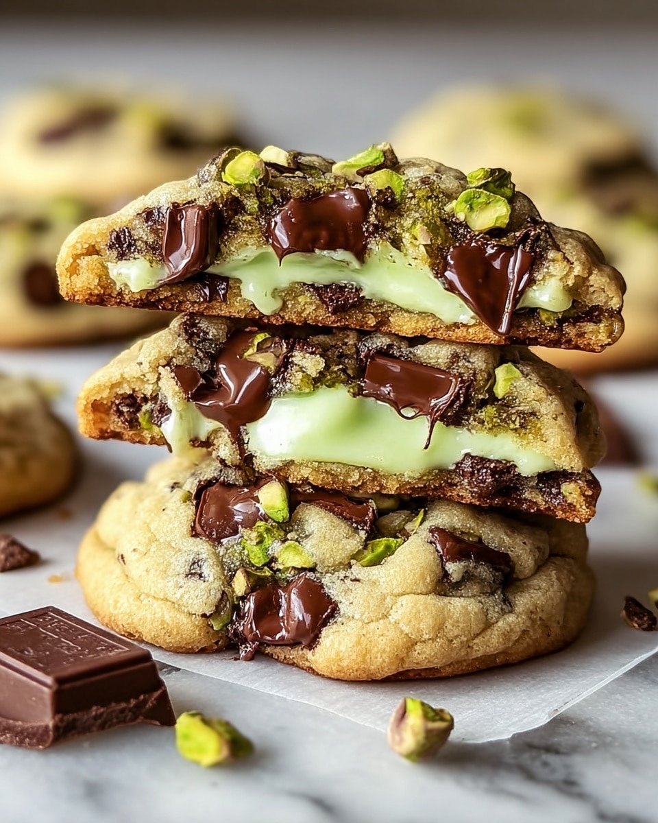 The image shows a stack of three cookies on a white marbled surface, with the top two cookies broken in half to reveal a creamy light green filling inside. Each cookie has a golden-brown dough base with melted dark chocolate chunks and small green pistachio pieces mixed throughout. The layers from bottom to top include a slightly crispy cookie base, a smooth green filling center, and a cookie top embedded with glossy melted chocolate and pistachio bits. Pieces of broken chocolate and pistachios are scattered around the cookies, enhancing the texture contrast. Photo taken with an iphone --ar 4:5 --v 7