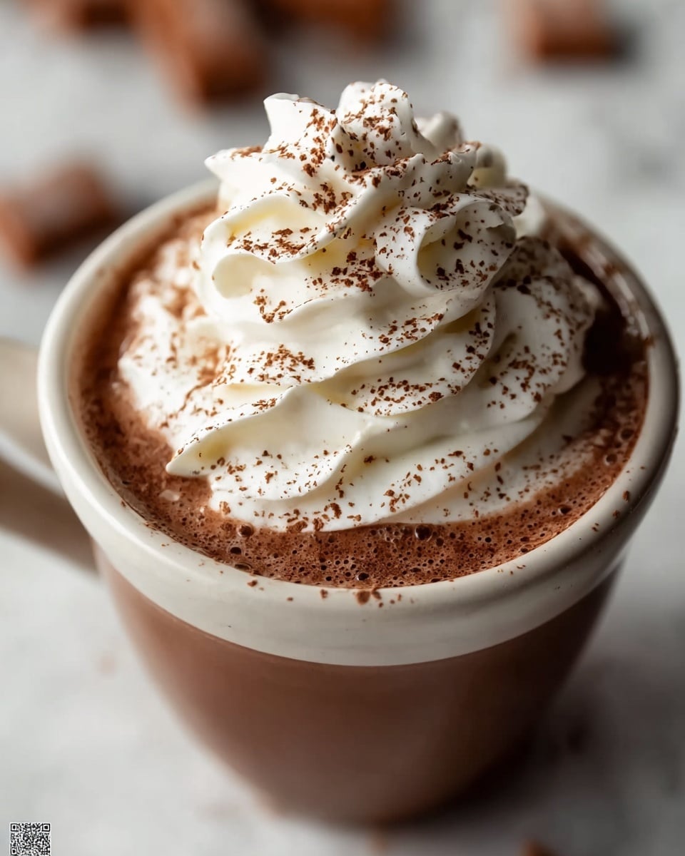 A close-up of a brown cup filled with rich hot chocolate at the bottom layer, topped with a thick, swirled layer of white whipped cream. The whipped cream is decorated with fine sprinkles of brown cocoa powder, adding texture and contrast. The cup sits on a white marbled surface, with blurred brown pieces in the background. photo taken with an iphone --ar 4:5 --v 7