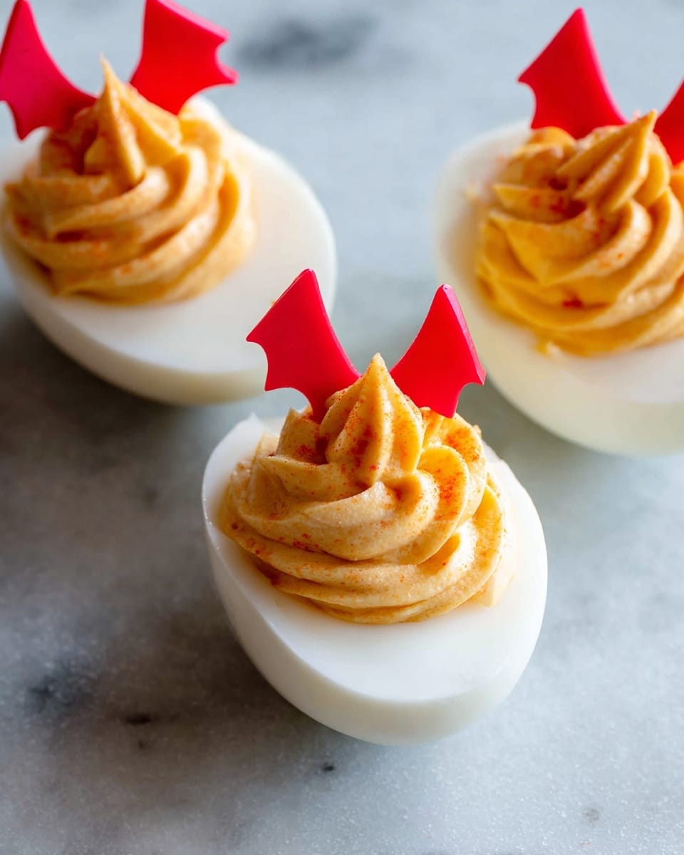 The image shows a close-up of three deviled eggs on a white marbled surface. Each egg is cut in half, showing a smooth white egg white base as the first layer. The second layer is a swirled, creamy, light orange-yellow filling piled high in the center of each egg half with a slightly textured surface. Small, bright red triangular pieces are placed into the filling on each egg half to resemble tiny horns and bat-like wings, adding a playful and creative touch. The overall look is clean and simple, with sharp color contrasts between the white egg, orange filling, and red decorations. photo taken with an iphone --ar 4:5 --v 7