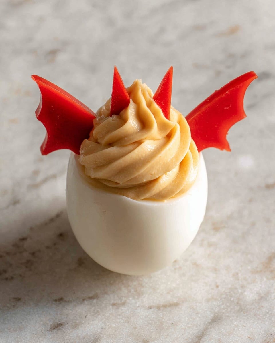 This image shows a single half of a white boiled egg filled with a light beige, creamy, and swirled yolk mixture on top. Two small triangular red pepper pieces are placed near the top to look like horns, and two larger, jagged red pepper pieces are stuck on each side to resemble bat wings. The egg half is sitting on a white marbled texture surface. photo taken with an iphone --ar 4:5 --v 7