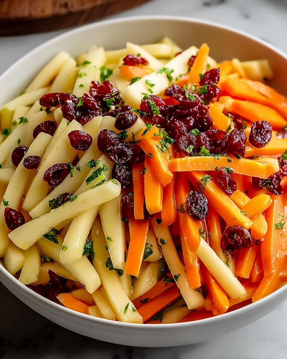 A white bowl filled with a fresh salad made of three main layers: the bottom layer holds thin, pale yellow apple slices cut into stick shapes, the middle layer consists of bright orange carrot sticks, and the top layer is scattered with small dark red dried cranberries and finely chopped green herbs for garnish. The ingredients look shiny and fresh, with a light dressing coating the salad. The bowl is set on a white marbled surface, emphasizing the vibrant colors of the salad. photo taken with an iphone --ar 4:5 --v 7