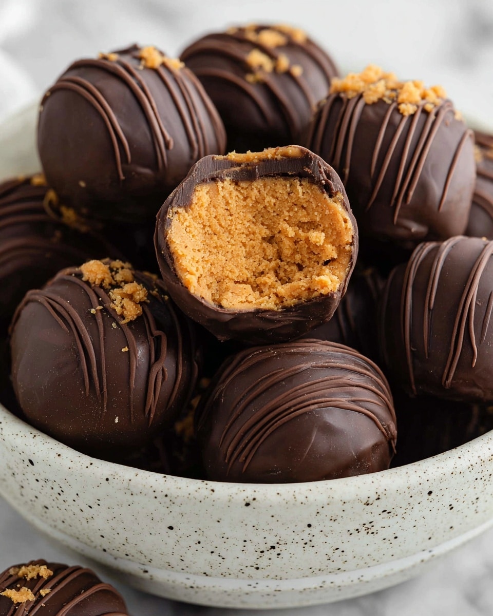 The image shows a white bowl filled with round chocolate-covered peanut butter cookies. Each cookie has two main layers: a dark brown smooth chocolate coating on the outside and a light tan textured peanut butter center. Some cookies have the peanut butter exposed in the middle with a small hole on top, while others are fully covered in chocolate. Several cookies are decorated with a drizzle of dark chocolate stripes or topped with small crunchy golden crumb pieces. A woman's hand is holding the edge of the bowl, all set on a white marbled textured surface. photo taken with an iphone --ar 4:5 --v 7