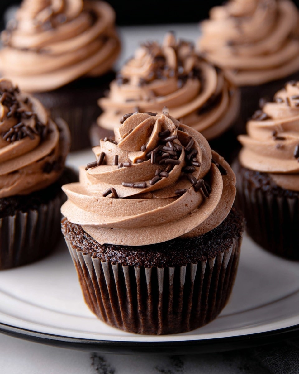 The image shows three chocolate cupcakes placed on a white plate with a slightly rough texture. Each cupcake has a deep brown base with visible ridges from the cupcake liner and is topped with a thick swirl of smooth, creamy chocolate frosting. The frosting is piled high in soft peaks that twist elegantly upwards. The plate rests on a white marbled surface with subtle grey veins, giving a clean and simple background. The focus is sharp on the front cupcake, with the two others softly blurred behind it, creating depth. photo taken with an iphone --ar 4:5 --v 7