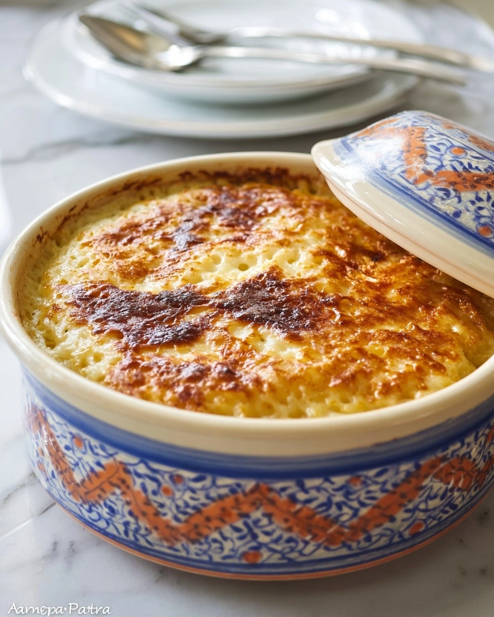 A close-up photo shows a blue and white patterned ceramic bowl filled with a creamy, baked rice dish. The top layer is golden brown with some darker, caramelized spots, giving it a crunchy texture. A metal spoon scoops a soft, fluffy, pale yellow rice mixture from the bowl. The bowl rests on a white marbled surface, and the image captures the texture and color contrast between the crispy top and soft rice inside. photo taken with an iphone --ar 4:5 --v 7