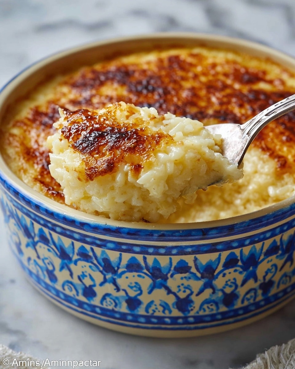 The dish is a baked rice or casserole in a round, white bowl with blue and orange decorative patterns around its sides and rim, partially covered by a lid with the same pattern leaning on the right side. The top layer is golden brown and crispy with some darker browned spots, showing a textured surface with small holes and a slightly uneven crust. The dish is placed on a white marbled surface, and in the background, a white plate holding a spoon and fork is visible, slightly blurred. photo taken with an iphone --ar 4:5 --v 7