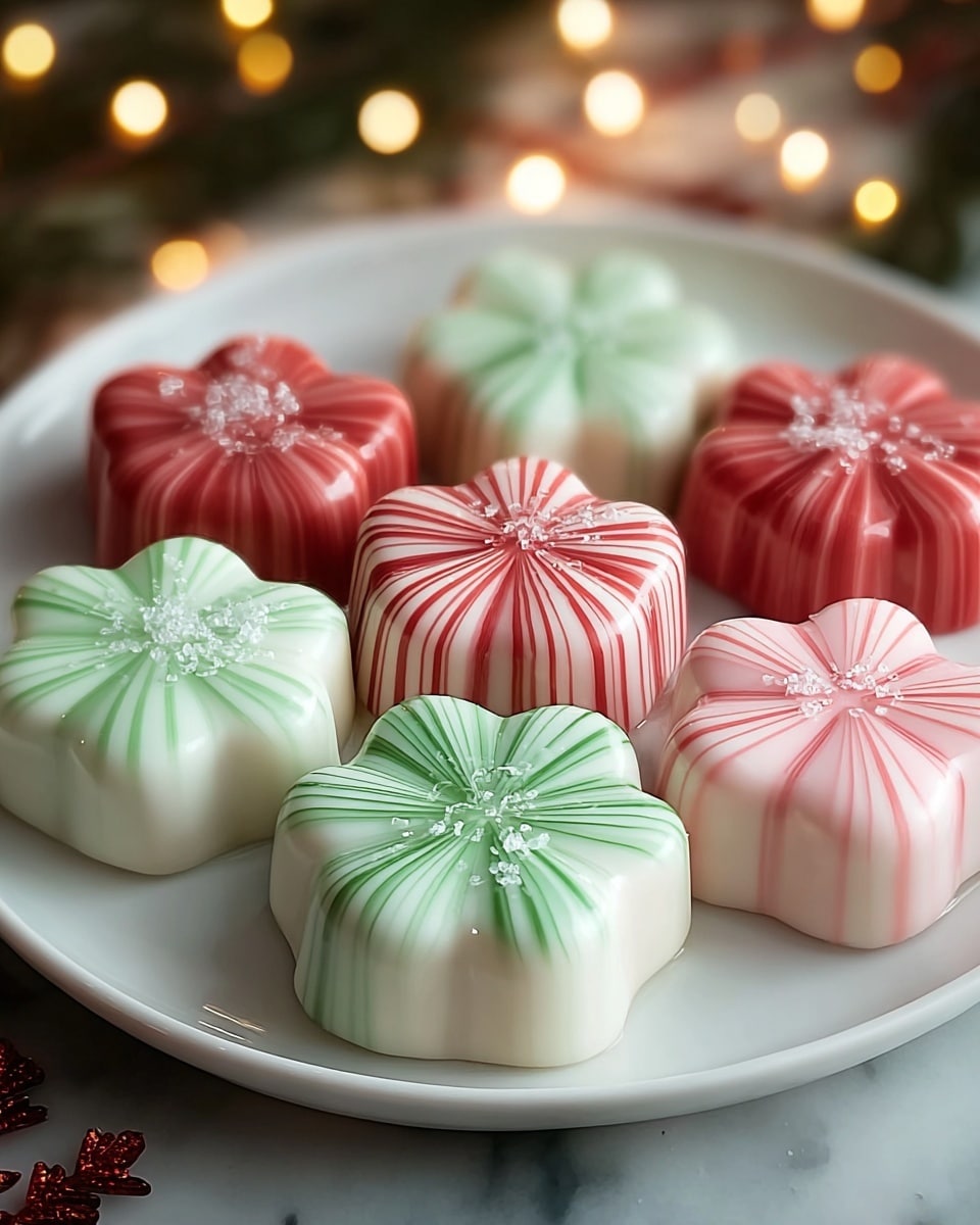 The image shows a white plate filled with eight shiny, flower-shaped candies arranged in two rows. Each candy has two layers: a smooth white base layer and a colorful top layer with thin stripes that radiate from the center to the edges. The candies are colored in soft red, green, and pink, with some having small white sugar granules sprinkled on top. The plate is placed on a white marbled texture surface with blurred warm lights in the background, giving a cozy feel. photo taken with an iphone --ar 4:5 --v 7