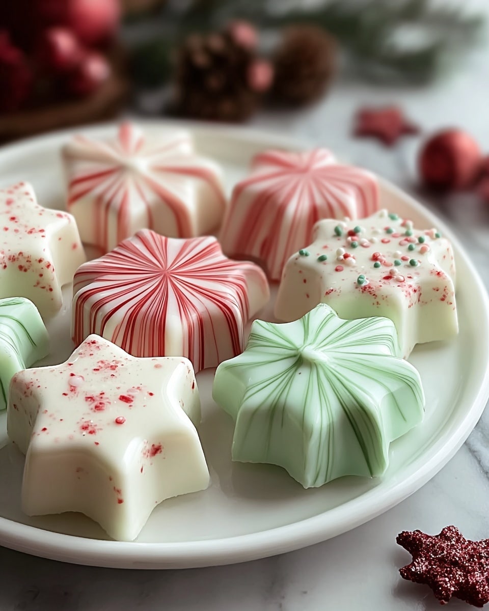 A white plate holds seven star-shaped treats, each with a smooth, shiny surface and delicate layers of color. Two treats have a white base with red swirls radiating from the center, resembling peppermint candy, placed in the front left and middle background. One treat at the front right is light green with subtle darker green swirls and small red and white dots on top. The other four treats are white with small red speckles sprinkled evenly across the top, scattered around the plate's edges. The plate rests on a white marbled surface with some out-of-focus holiday decorations in the background. Photo taken with an iphone --ar 4:5 --v 7
