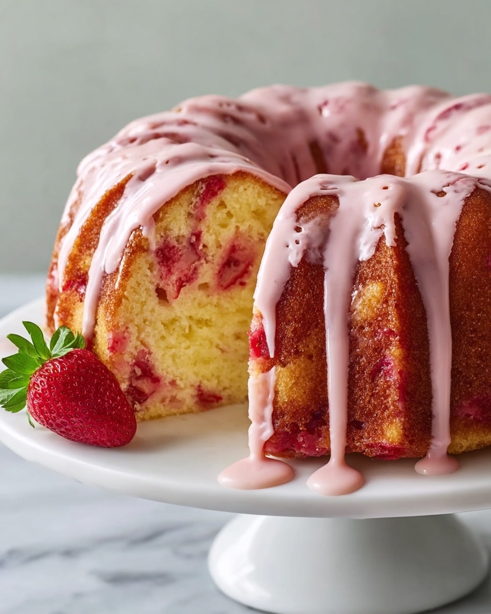 A single-layer Bundt cake with a golden brown crust sits on a white heighted cake stand over a white marbled surface; soft yellow cake inside is swirled with bright red strawberry bits, giving a marbled effect; thick pale pink glaze drips smoothly over the top and sides of the cake, pooling slightly onto the cake stand; a fresh red strawberry with green leaves rests near the cake's cut edge on the white stand; photo taken with an iphone --ar 4:5 --v 7