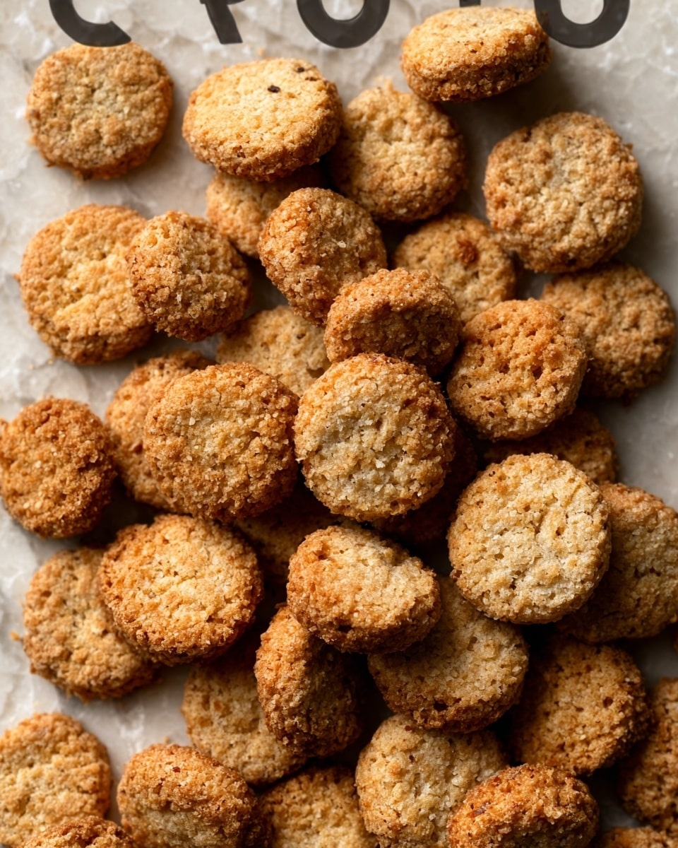 The image shows many small, round cookies with a golden brown color, some lighter and some darker, scattered across a textured surface. Each cookie has a rough, crumbly texture with small visible bits inside, possibly coconut or nuts. The cookies vary slightly in size and are arranged in a random pile, with a few standing upright to show their round shape and thickness. The background has a white marbled texture. photo taken with an iphone --ar 4:5 --v 7