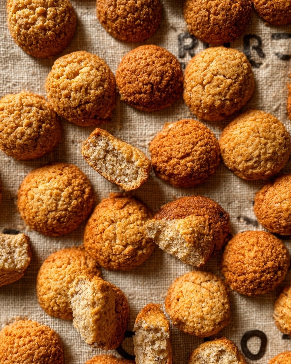 The image shows many small, round cookies with rough, crumbly textures and golden-brown tops and edges. The cookies vary slightly in size and color, some lighter and some darker, scattered closely together over a woven, beige fabric background which will be changed to a white marbled texture. Some cookies are whole, while a few are broken in half, showing a soft, grainy inside. Photo taken with an iphone --ar 4:5 --v 7