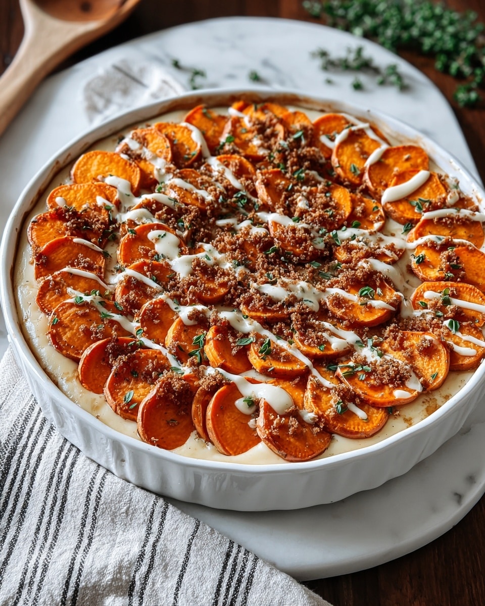 A white scalloped dish holds a layered sweet potato casserole. The base layer is creamy and smooth, topped with evenly sliced rounds of bright orange sweet potatoes arranged in concentric circles. The sweet potatoes have a soft, slightly roasted texture. Above them is a thick, white, creamy sauce drizzled evenly across the surface in lines. Crumbled brown, crunchy bits are scattered over the sweet potatoes and cream, adding texture. Small green herb leaves are sprinkled lightly on top, giving a fresh touch. The dish sits on a white marbled surface with warm lighting enhancing the rich orange and creamy white colors. photo taken with an iphone --ar 4:5 --v 7