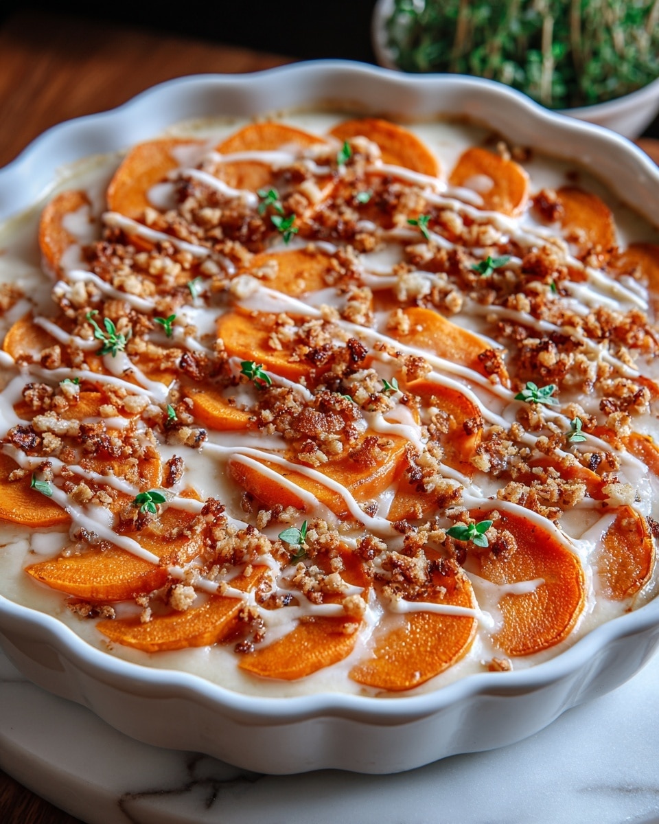The dish is presented in a white ceramic pie dish filled with three visible layers. The bottom layer is a creamy, light beige sauce with a smooth texture. On top of this sits a thick layer of orange sweet potato slices, arranged neatly in overlapping rows covering the entire surface. The sweet potato slices have a slightly roasted look, showing hints of browning on the edges. Drizzled over the top is a white creamy sauce in thin lines, scattered evenly across the sweet potatoes. Small green herb bits and a sprinkle of brown crumbled topping add texture and color contrast, enhancing the visual appeal. The pie dish is placed on a white marbled surface with a white and dark gray striped cloth nearby. photo taken with an iphone --ar 4:5 --v 7