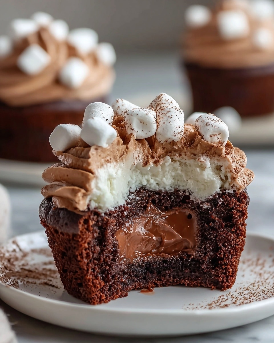 A close-up view of a chocolate cupcake cut open to show a thick, smooth, dark chocolate filling inside the rich, moist dark brown cake base, topped with two layers of frosting: a white fluffy layer directly on the cake and a lighter brown creamy layer piped on top. Small white marshmallows are scattered over the top frosting, with a light dusting of cocoa powder. The cupcake is presented on a white plate sitting on a white marbled texture, with another cupcake blurred slightly in the background, also topped with marshmallows. Photo taken with an iphone --ar 4:5 --v 7