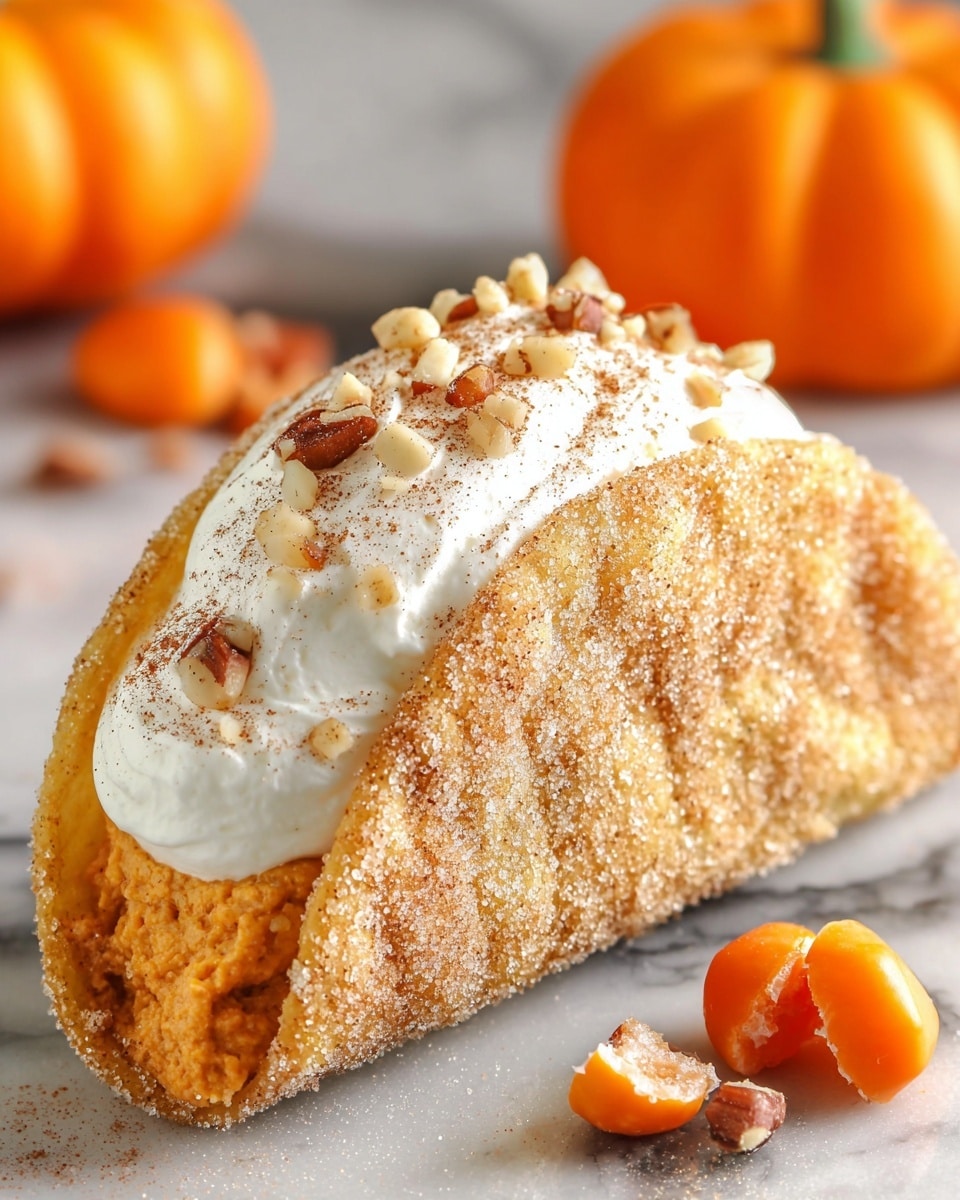 A close-up of a small taco-shaped dessert held by a woman's hand with long, light-colored nails, showing a crispy, light brown shell coated with a cinnamon sugar texture. Inside the shell, there are two clear layers: on the bottom, a thick, smooth pumpkin-colored filling, and on top, a fluffy, white whipped cream layer sprinkled with crushed nuts and a dusting of cinnamon powder. The background is softly blurred with warm orange tones. Photo taken with an iphone --ar 4:5 --v 7