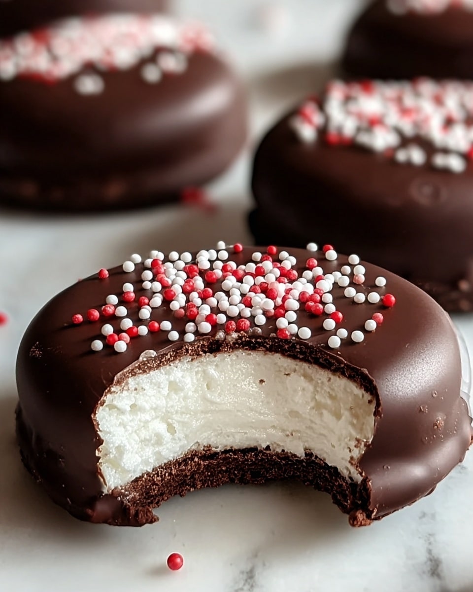 The image shows a close-up of round chocolate-covered treats with a smooth, dark brown outer chocolate layer topped with pink and white sprinkles. One treat is cut in half, revealing two layers inside: a thick, smooth white center layer and a dark, rich chocolate cake base. The treats sit on a white marbled surface, and the chocolate coating has a shiny, glossy texture. In the background, more whole treats are slightly out of focus, showing the same smooth chocolate coating and sprinkled tops. photo taken with an iphone --ar 4:5 --v 7