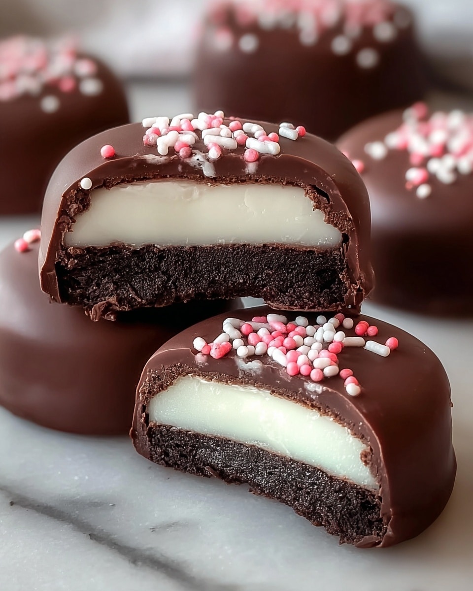 A close-up view of a round chocolate-covered treat with one large bite taken out, showing three visible layers: a thin, smooth, dark chocolate outer shell covering, a thick, fluffy white cream filling in the middle, and a thinner chocolate base layer at the bottom. The top chocolate coating is decorated with small red and white round sprinkles scattered across the surface. The treat is placed on a white marbled texture surface, with three more similar treats blurred in the background. Photo taken with an iphone --ar 4:5 --v 7