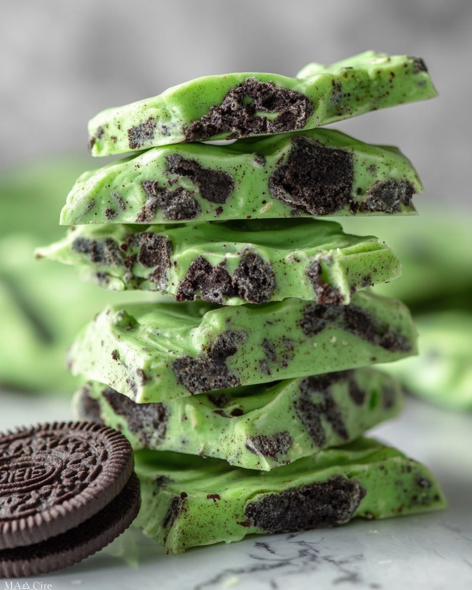 A white bowl filled with broken green mint chocolate bark pieces that show dark brown chocolate cookie chunks inside. The bark pieces have an uneven, rough texture with mint green color covering the cookie bits and are layered thickly in the bowl. Around the bowl, there are whole dark brown chocolate cookies and two paper straws with white and green stripes. The bowl sits on a metal wire rack over a white marbled surface, and a red and white checkered cloth is partially visible in the background. Photo taken with an iphone --ar 4:5 --v 7
