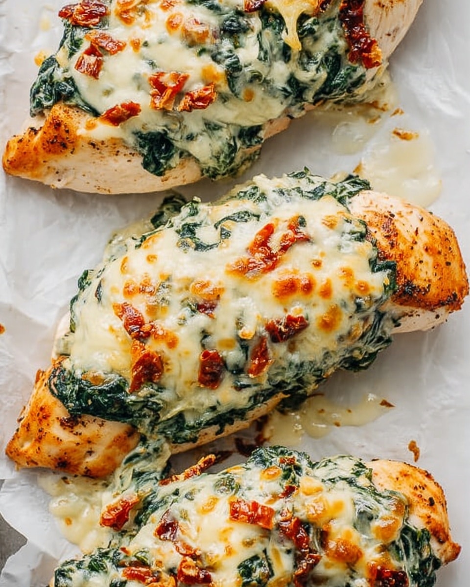 The image shows three baked chicken breasts on white parchment paper, arranged on a surface with a white marbled texture. Each chicken breast is topped with a creamy spinach mixture that has melted cheese, giving it a bubbly, golden-brown look with spots of deeper brown from roasting. The spinach is dark green and mixed into the creamy white sauce, and there are small bits of red, likely sun-dried tomatoes, scattered throughout the topping. The chicken looks tender and juicy beneath the layered creamy topping. photo taken with an iphone --ar 4:5 --v 7