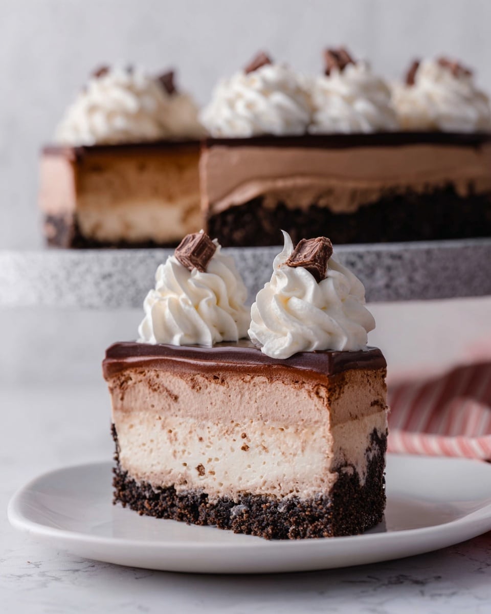 A slice of layered cake sits on a white plate with a white marbled surface beneath. It has three layers: the bottom layer is dark and crumbly, looking like a chocolate crust; the middle layer is thick and light brown with a creamy, smooth texture; the top layer is a glossy dark chocolate, thin and shiny. On top of the cake, there are two large swirls of white whipped cream, each garnished with small pieces of chocolate. In the background, a larger cake with the same layers and whipped cream decorations is placed on a gray speckled cake stand. photo taken with an iphone --ar 4:5 --v 7