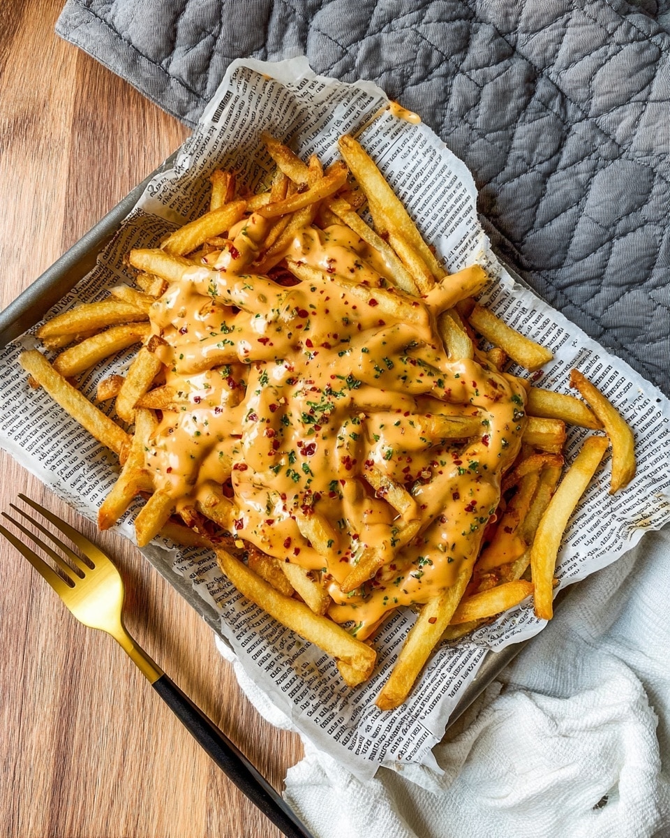 The image shows a tray lined with newspaper print paper filled with crispy golden-brown French fries as the first layer. On top, there is a thick, creamy cheese sauce in a light orange color generously poured over the fries, creating a smooth textured layer that covers most of the fries. Small specks of herbs and red chili flakes are sprinkled evenly on the cheese sauce layer, adding contrast with tiny green and red dots. The tray is placed on a wooden surface with a gray quilted cloth in the upper right corner and a white cloth partially visible at the bottom. A golden fork with a black handle lies on the left side of the tray. photo taken with an iphone --ar 4:5 --v 7