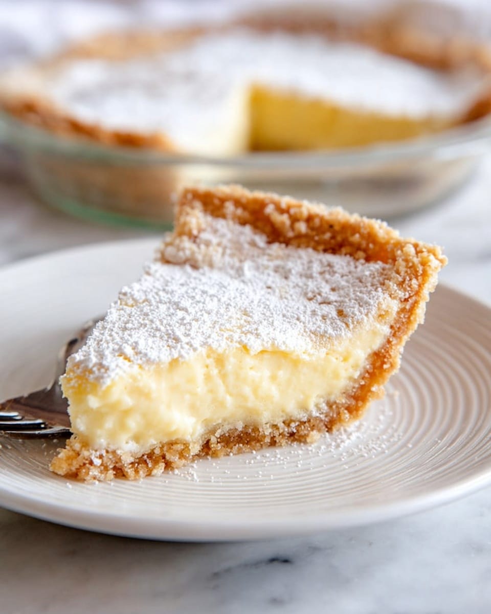 A slice of pie with three visible layers sits on a white plate with subtle circular ridges. The bottom layer is a crumbly, golden-brown crust that looks thick and crunchy. Above this is a thick, creamy pale yellow filling that is smooth in texture and slightly firm. The top layer is a light dusting of white powdered sugar, sprinkled evenly across the surface of the filling. Behind the plate, there is a glass pie dish containing the rest of the pie, resting on a white marbled surface. A silver fork lies next to the pie slice, slightly blurred. photo taken with an iphone --ar 4:5 --v 7