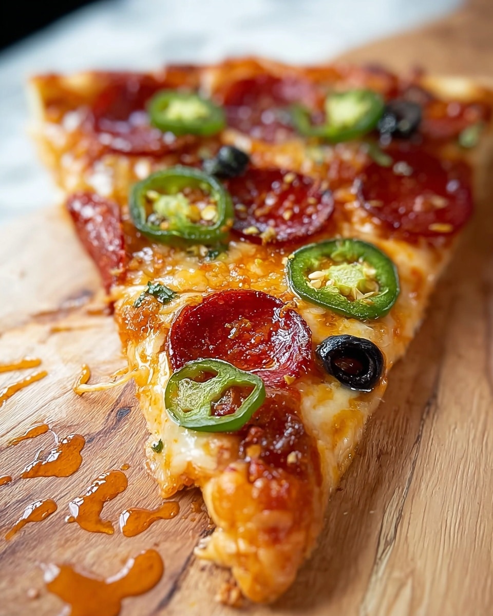 A single slice of pizza is shown on a wooden surface with a white marbled texture background. The pizza slice has a golden brown crust with melted cheese covering the base. On top, there are round, shiny pepperoni slices with a slightly crispy edge, and bright green jalapeño rings with visible seeds, adding texture and color contrast. Small black olives are scattered between the toppings. The cheese looks melted and stretchy, with some orange oil droplets on the wood around the slice. photo taken with an iphone --ar 4:5 --v 7