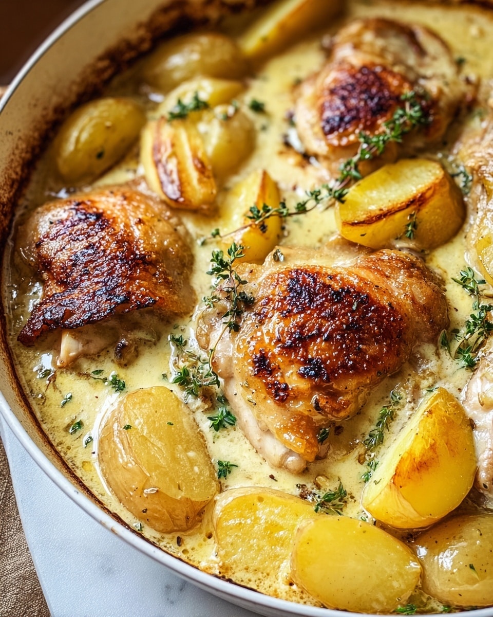 A close-up of a white dish filled with creamy baked chicken thighs, showing crispy golden-brown skin on top, partially submerged in a thick, light yellow sauce. The chicken is surrounded by soft, golden potato wedges, and small green thyme sprigs are scattered on top as garnish. The edges of the dish have a slightly browned texture from baking. The overall look is warm and inviting, with the creamy sauce gently covering the chicken and potatoes, all set on a white marbled surface. Photo taken with an iphone --ar 4:5 --v 7