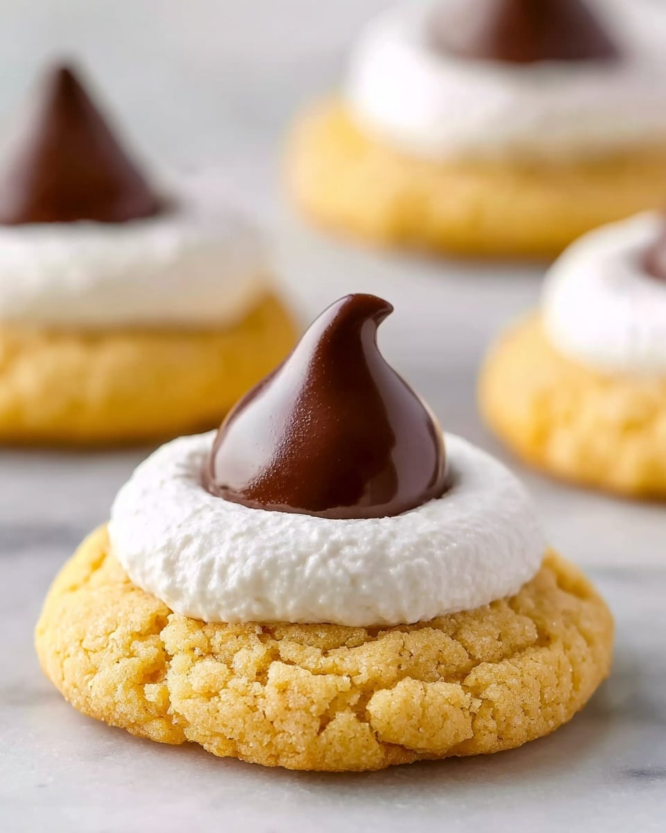 The image shows a close-up of a single cookie with three visible layers, sitting on a white marbled surface. The bottom layer is a thick, soft cookie with a golden-yellow color and a slightly cracked texture. On top of the cookie is a ring of white cream that looks smooth and fluffy. The final layer is a shiny, dark brown chocolate kiss placed right in the center, standing upright with a pointed tip. Two more similar cookies are blurred in the background. photo taken with an iphone --ar 4:5 --v 7