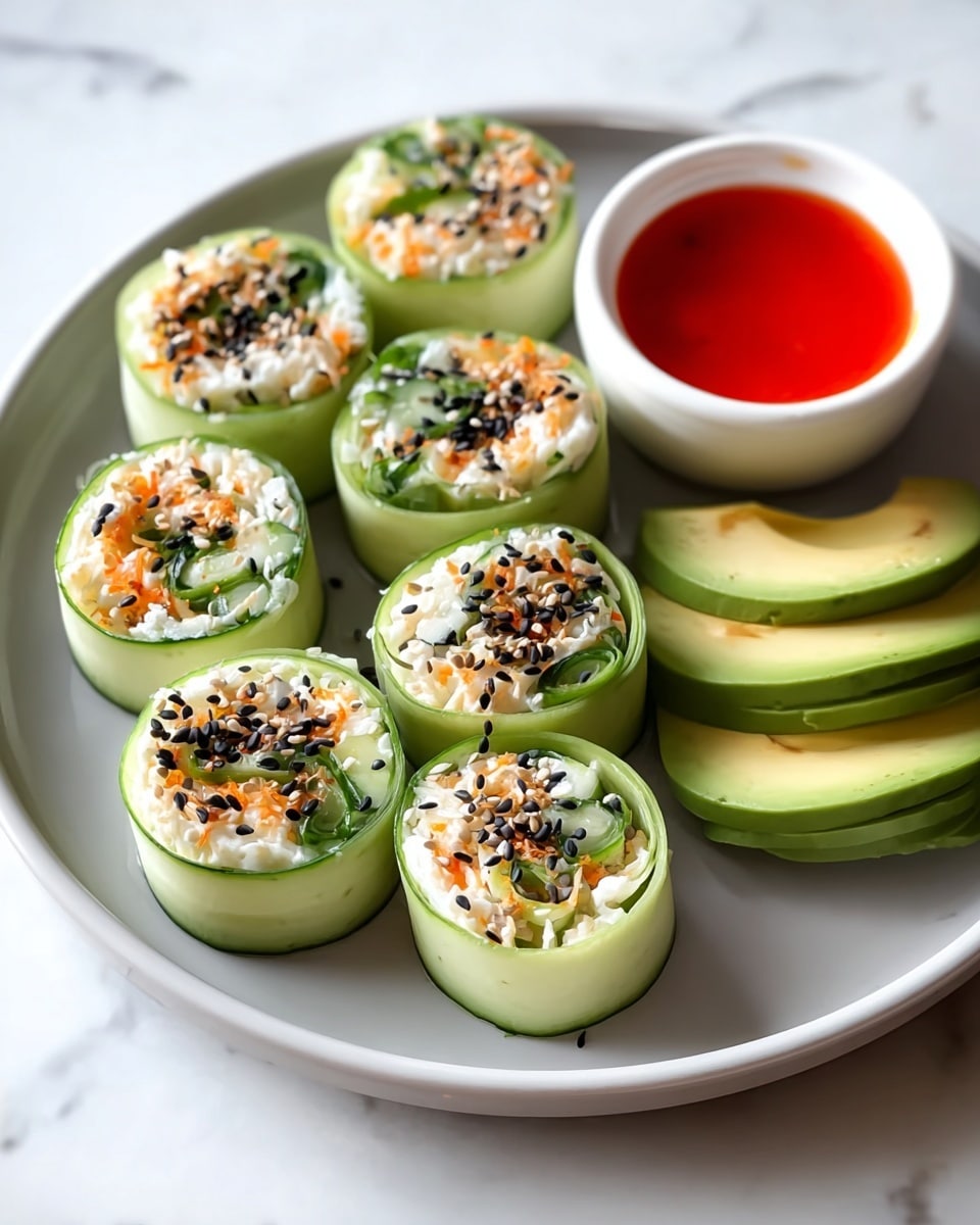 The image shows eight cucumber rolls arranged in two rows on a white plate. Each roll has three layers: a thin, light green cucumber outer layer wrapped around a creamy white filling speckled with small orange and green bits, topped with a sprinkle of black and white sesame seeds. To the right of the rolls are three light green avocado slices, fanned out slightly. Above the plate, a small white bowl holds a bright red dipping sauce. The whole setup is placed on a white marbled texture. photo taken with an iphone --ar 4:5 --v 7