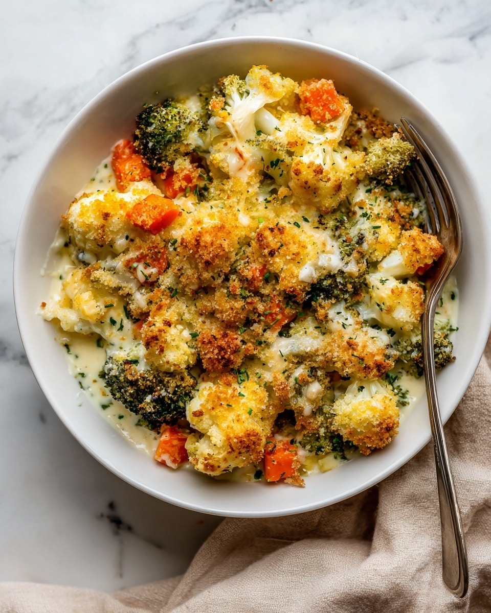 A white bowl filled with a baked vegetable dish featuring a mix of cauliflower and broccoli florets, with small orange carrot cubes scattered throughout. The top layer is covered in a golden brown crispy breadcrumb crust that adds a crunchy texture. Beneath the crust, a creamy white sauce coats the vegetables, and there are touches of melted yellow cheese visible on the surface. Bits of chopped herbs add small green flecks over the dish. A silver fork rests on the side of the bowl, placed on a white marbled textured surface with a soft beige cloth nearby. Photo taken with an iphone --ar 4:5 --v 7