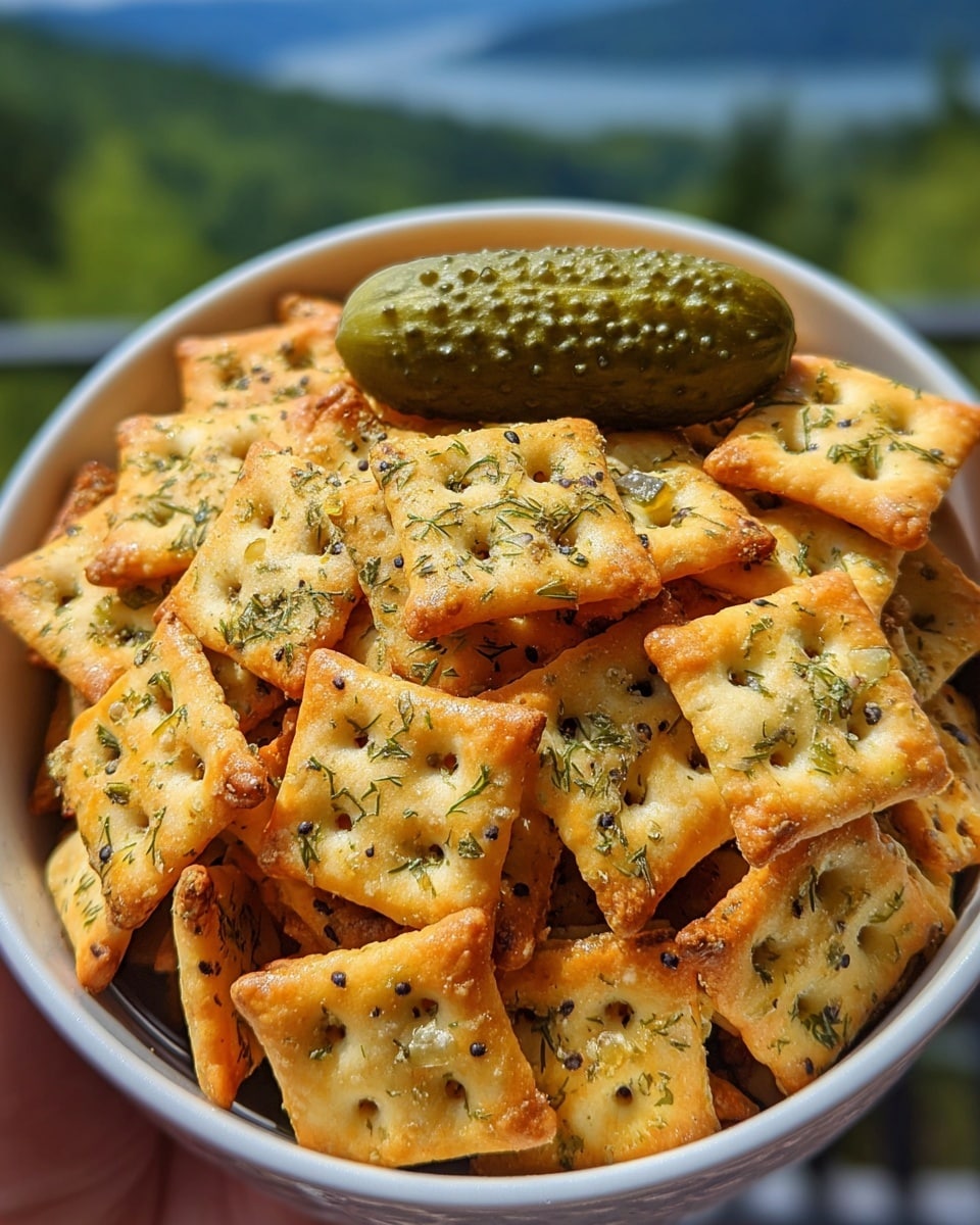 A close-up image of a bowl filled with square-shaped crackers that have a light golden-brown color with green herb flakes and small black spots on top, showing a textured, slightly crispy surface with small holes in each cracker. On top of the pile, there is a small green pickle with a bumpy texture and dark spots. The white bowl is held by a woman's hand against a blurred background of green and blue hues, resembling nature. The photo is taken with an iphone --ar 4:5 --v 7