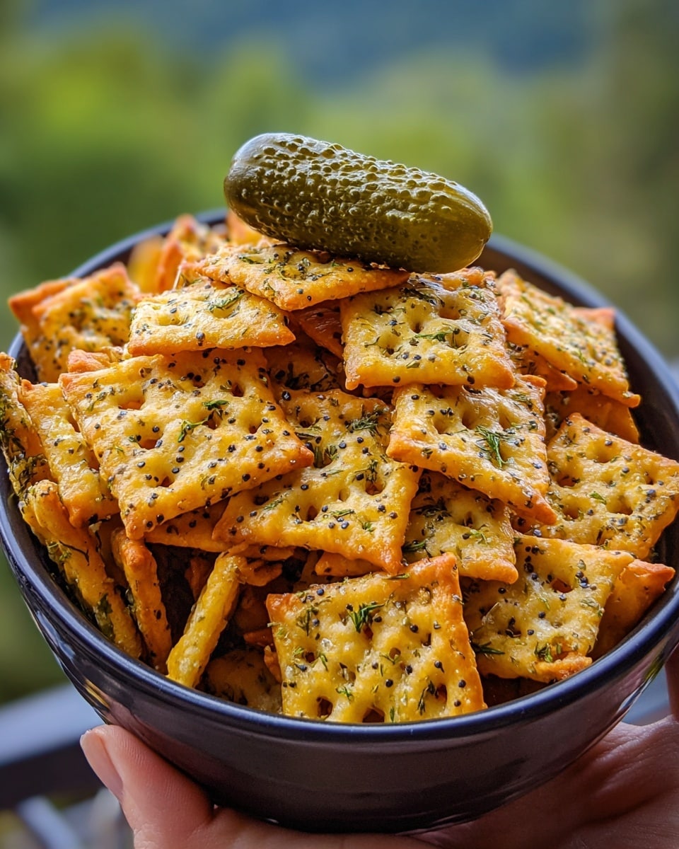 A close-up view of a dark bowl filled with a large pile of square-shaped, lattice-textured crackers that are golden yellow with bits of green herbs and spices sprinkled on top. On the top layer of the crackers, a small, green pickle with dark speckles rests, adding a different texture and color contrast. The bowl is held by a woman's hand and is set against a blurred outdoor background with green hues. photo taken with an iphone --ar 4:5 --v 7