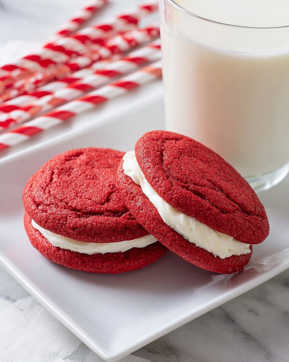 Two red sandwich cookies with a soft, slightly cracked texture are placed closely side by side on a white rectangular plate. Each cookie has two bright red cookie layers with a thick spread of smooth white cream filling in the middle. Behind the plate, there is a clear glass filled with white milk, and two red-and-white striped paper straws lie on a white marbled surface next to it. The overall setting gives a cozy, fresh feeling. photo taken with an iphone --ar 4:5 --v 7