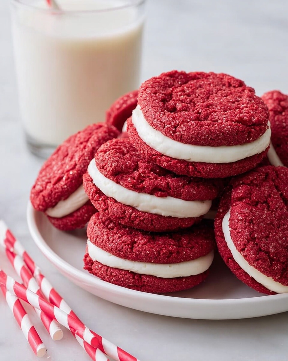 A white plate holding several red velvet sandwich cookies, each made of two soft, textured red cookies with a smooth white cream layer in the middle. The cookies are stacked and arranged closely together. Behind the plate, there is a glass filled with milk and two red and white striped straws lying on a white marbled surface. Photo taken with an iphone --ar 4:5 --v 7